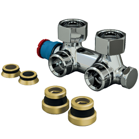 T386T — Radyatör panelleri için çift borulu köşe vana, parlak krom kaplamalı pirinç